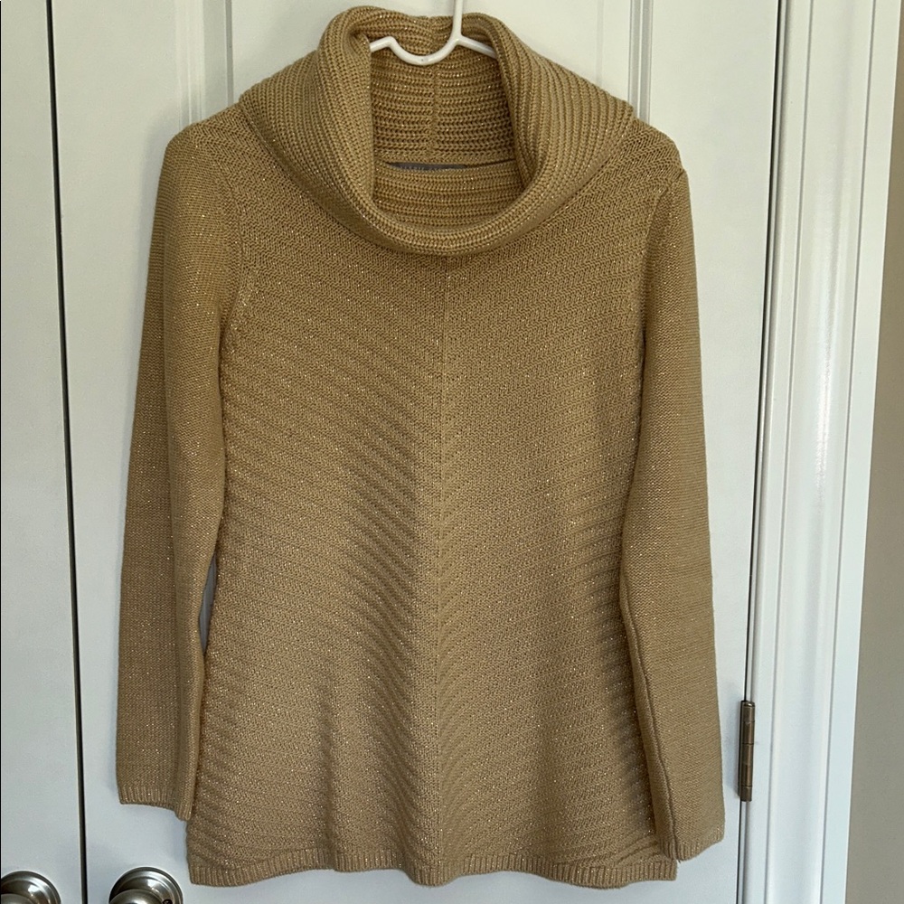 Valerie Stevens,Cozy Tan with Gold Threads, Cowl Neck Sweater, S